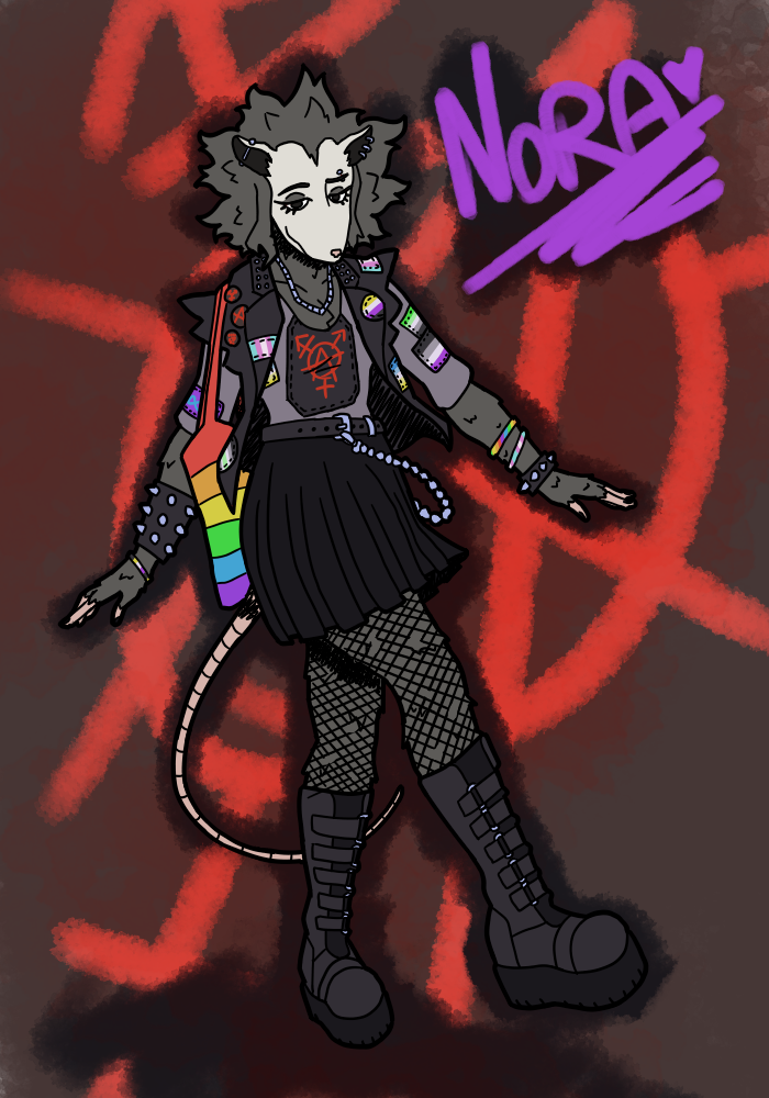 Drawing of Eleonora with an old design. She's a punk opposum with a lot of patches in her jacket