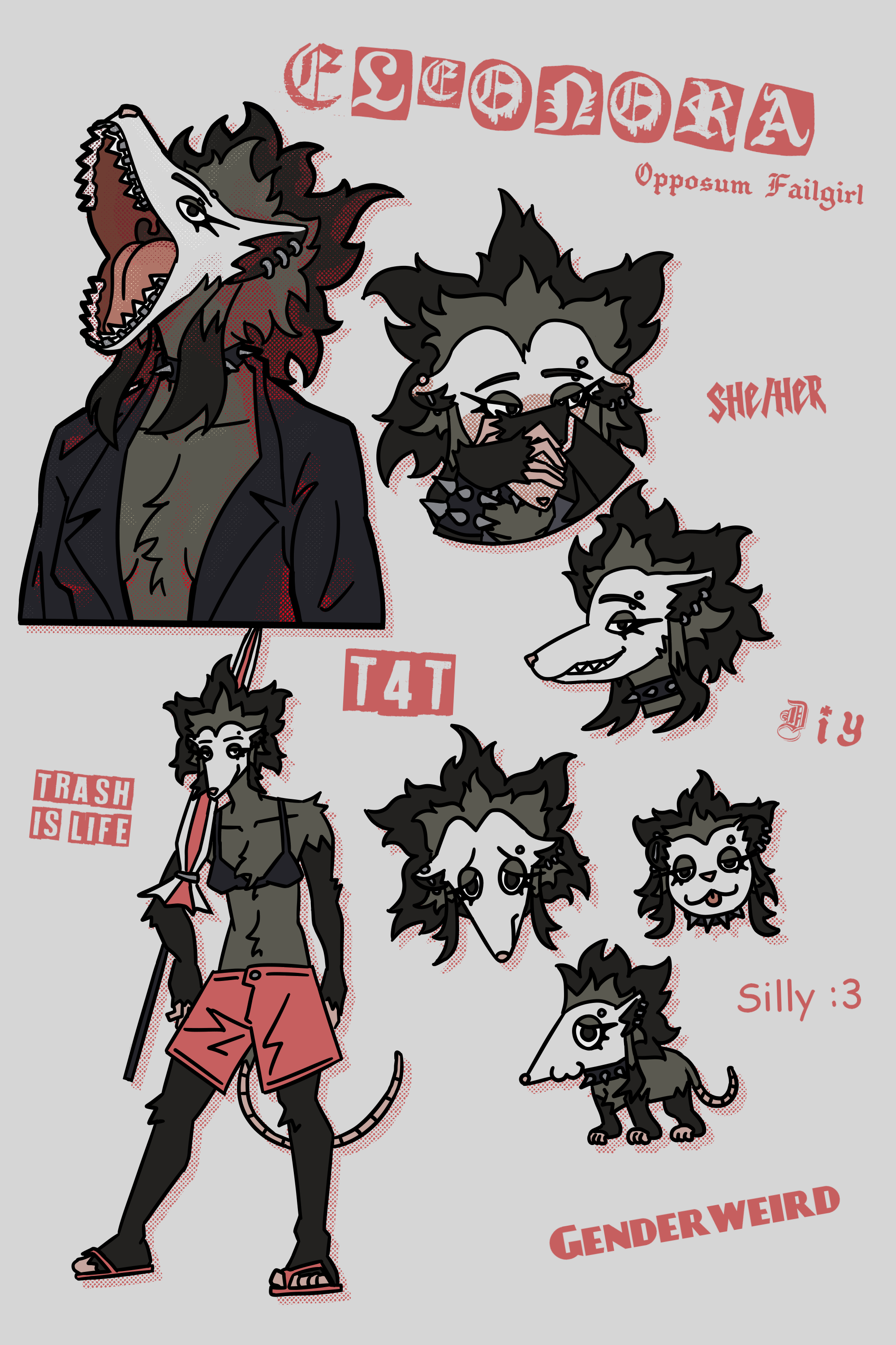 Sketch page of Eleonora, an opposum girl with a punk goth aesthetic, braces in her sharp teeth, lots of piercings and massive eyeliner