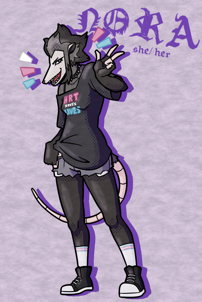 Drawing of my opossum fursona wearing a summer outfit. The shirt says 'HRT saves lives'.