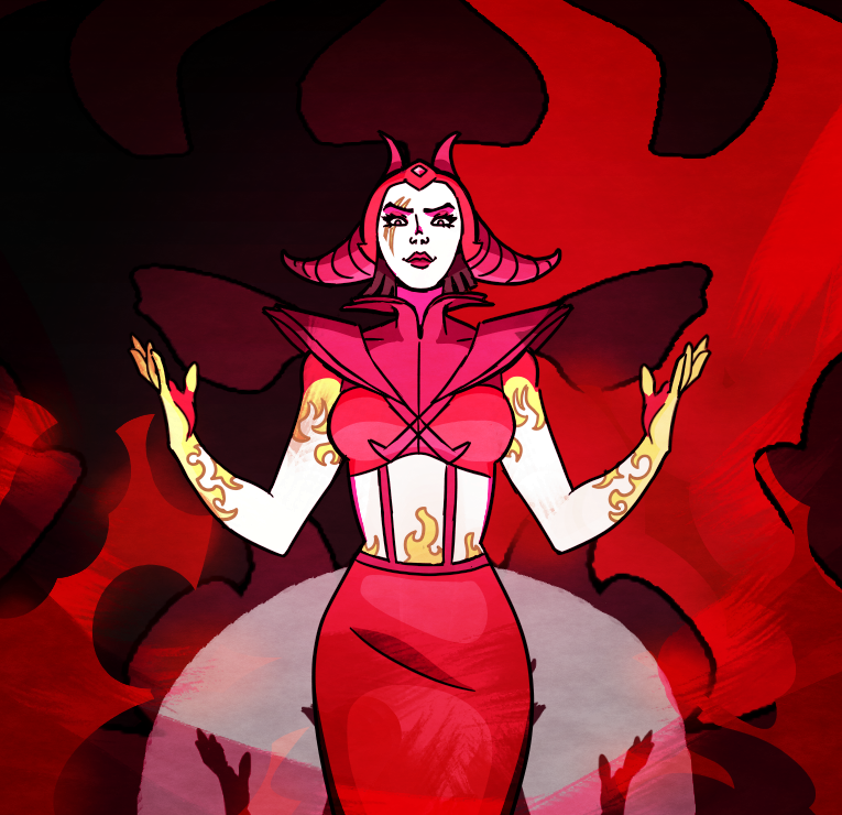 Judith from Magic the Gathring posing in front of the Rakdos' symbol