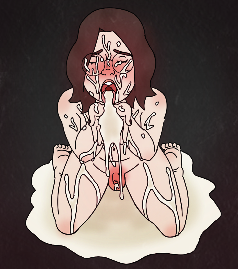 Nora with cum all over her, kneeling in a pool of cum and drinking as much of it as she can.