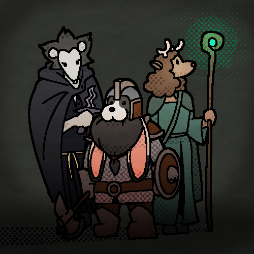 Drawing of three characters. An opossum with a black cape and a dagger, a bunny with beard and a heavy armor, and a deer with green robes and a magic staff.
