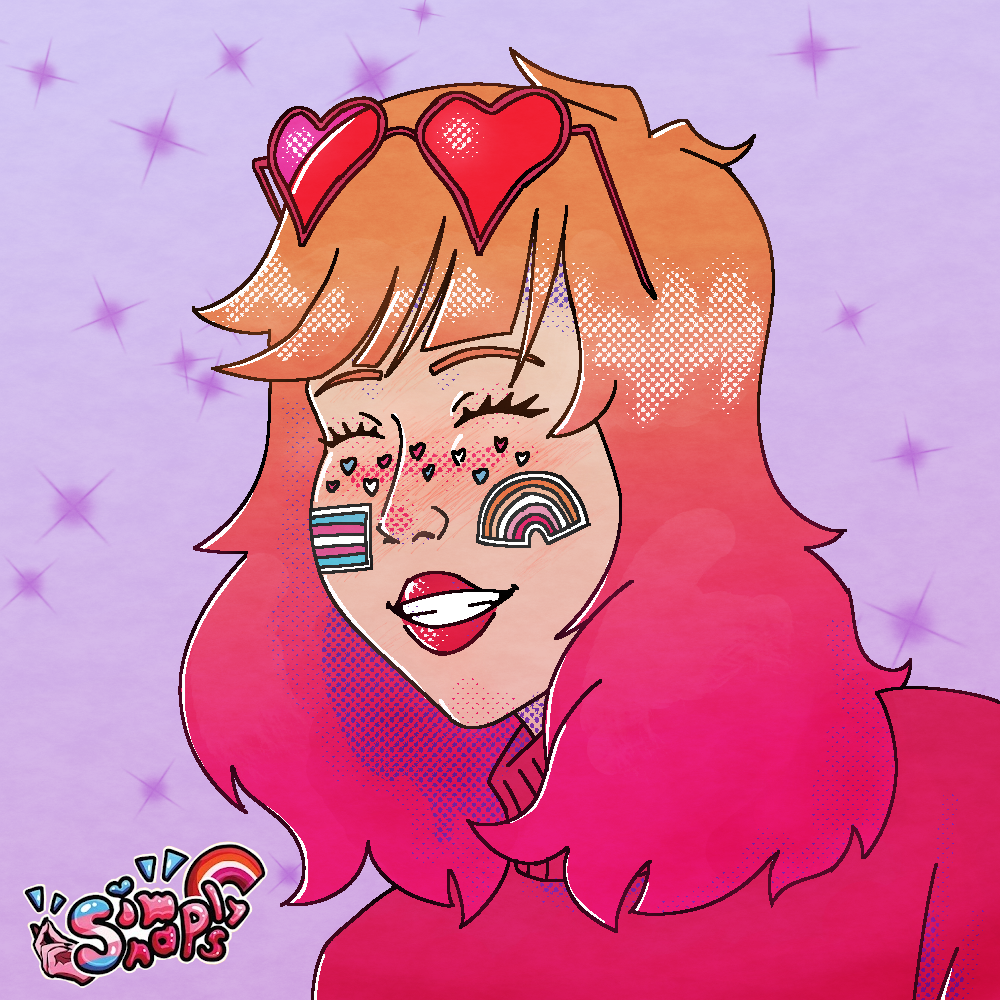 Fanart of SimplySnaps, she has orange and magenta hair, a trans flag sticker and a lesbian rainbow sticker on her cheecks, trans-colored hearts as freckles and heart-shaped glasses